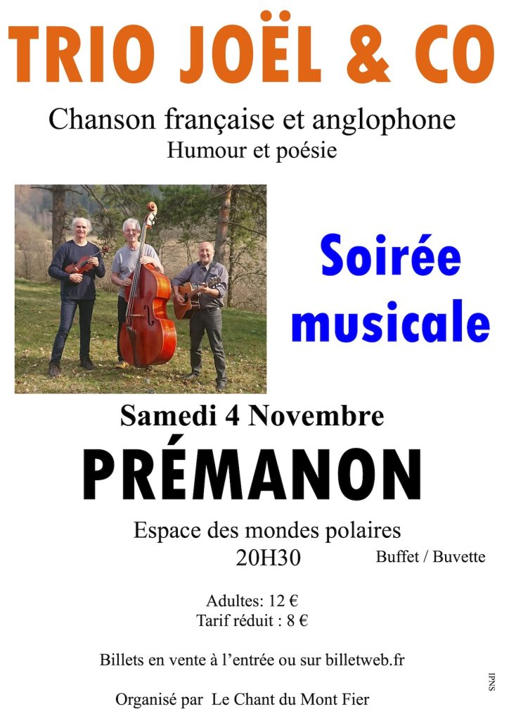 affiche de la soirée musicale trio Joel & co, organisée par la chorale le chant du Mont-Fier le 4 novembre 2023 à Prémanon